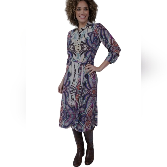 Uncle Frank Colorful Paisley Floral Midi Shirt Dress with Waist Tie Womens XS - Picture 2 of 10